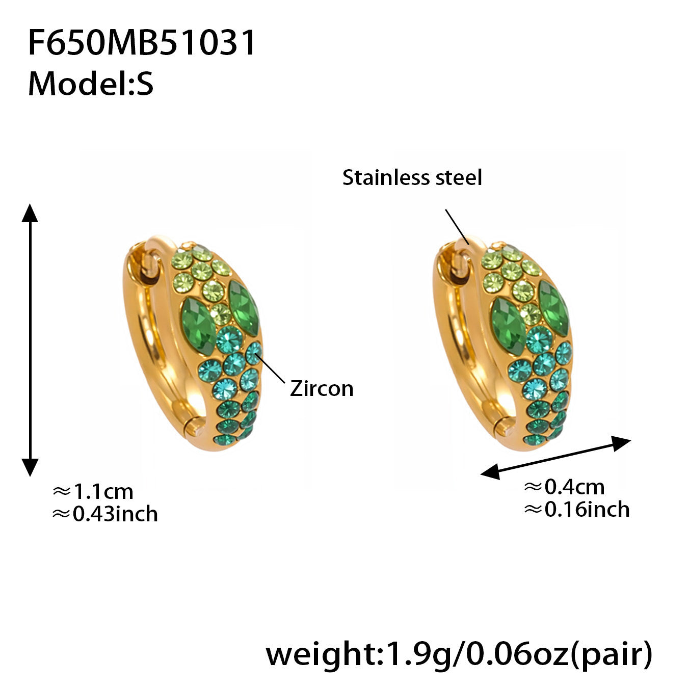 B廠【F650】彩色鋯石U形耳環不鏽鋼鍍18k真金蛇形滿鑽輕奢時尚百搭耳飾
 25.11-1