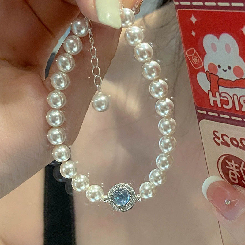 F廠【DQ0524S】S925純銀小眾法式輕奢正圓仿珍珠手鍊女精緻海藍石高級感手串
 25.09-3