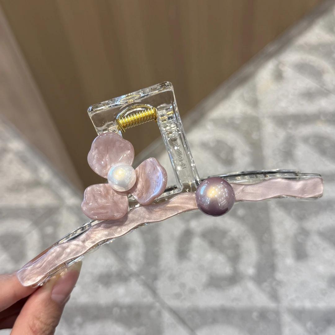 C廠【X542】粉紅色花朵醋酸抓夾女2026新款高級感後腦勺盤發大號髮量大鯊魚夾子 26.07-1「C廠-單筆結帳需滿，NT$500出貨(不含運費)」