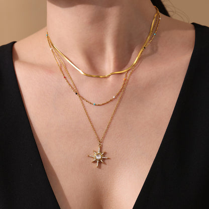 B廠【P1310】超閃5A鋯石八星芒吊墜鎖骨項鍊雙層疊戴飾品不鏽鋼18k鍍金 25.07-1