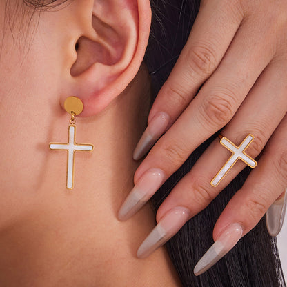 B廠【TXA365】天然貝殼十字架開口戒指耳環吊墜首飾套裝不銹鋼鍍18k真金
 25.08-5