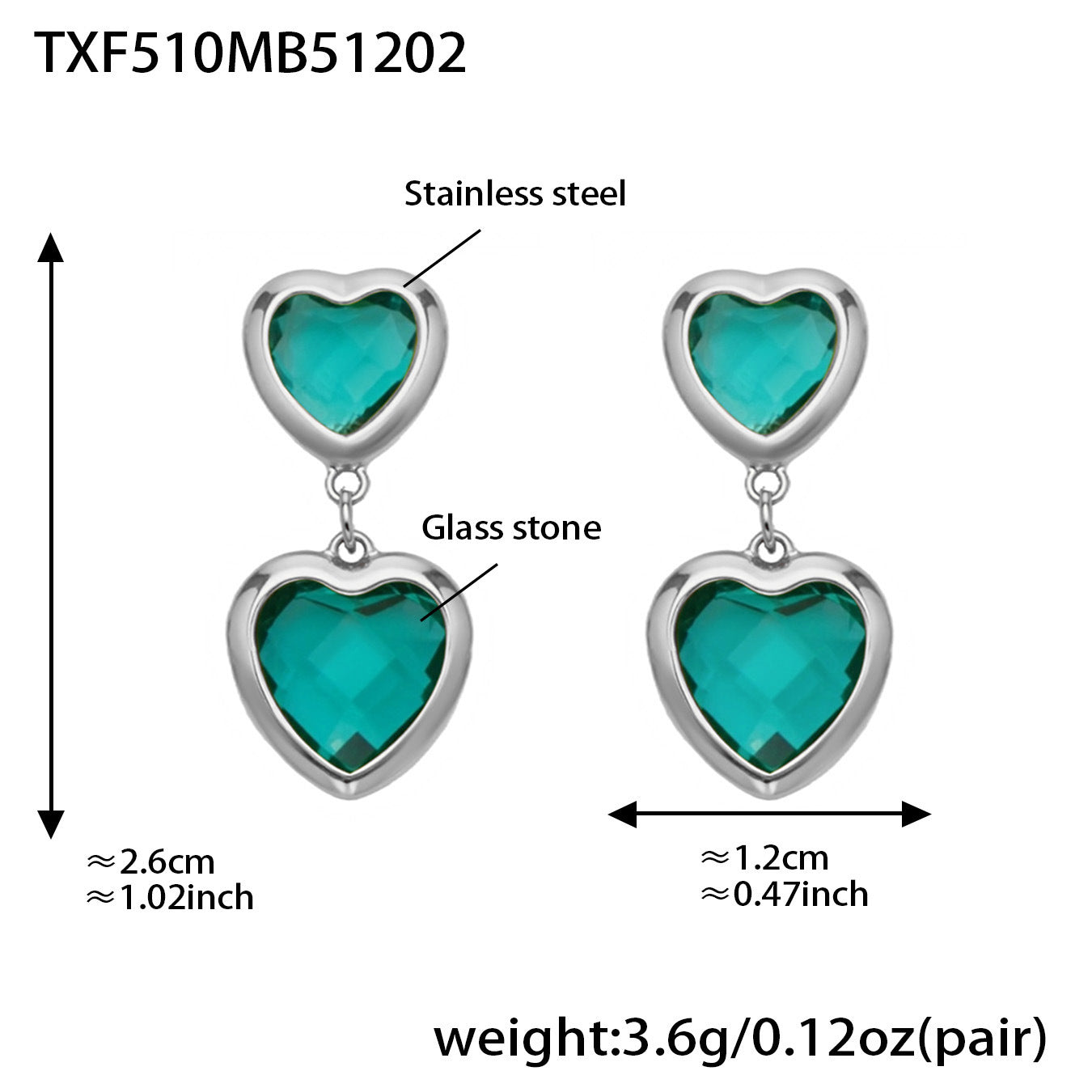 B廠【TXP510】不鏽鋼愛心切麵包邊玻璃石鋼珠項鍊手鍊耳環組鍍18k真金不掉色
 25.12-2