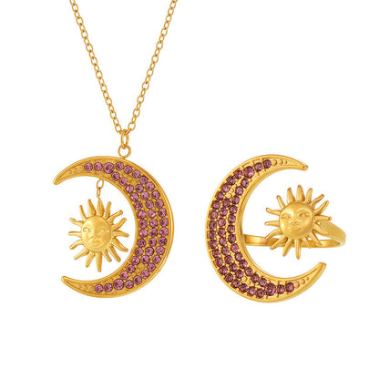 B廠【TXP228】日月同輝鑲嵌鋯石戒指鎖骨項鍊精緻創意鈦鋼18K金套裝飾品 25.03-1