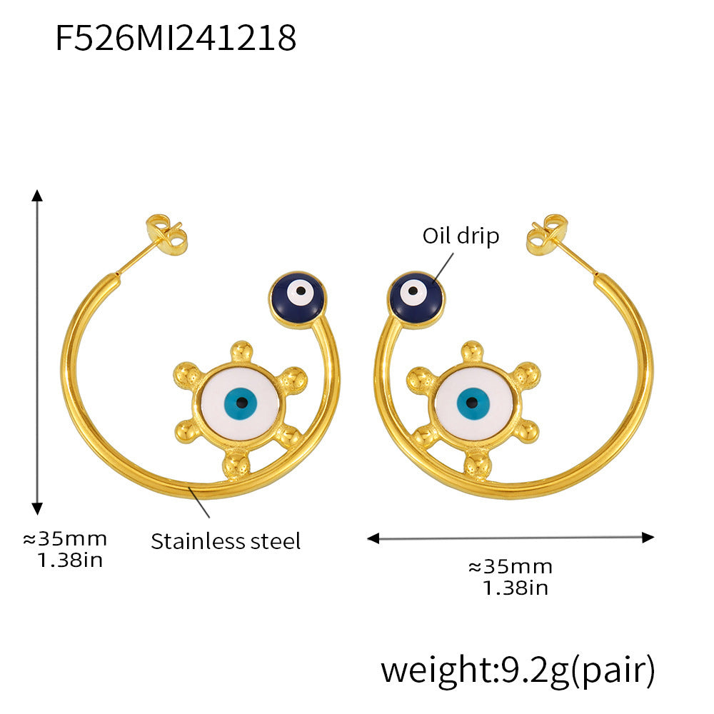 B廠【F526】不鏽鋼鍍18K真金琺瑯彩釉光芒眼睛C型圓環走秀時髦誇張耳環 25.01-1