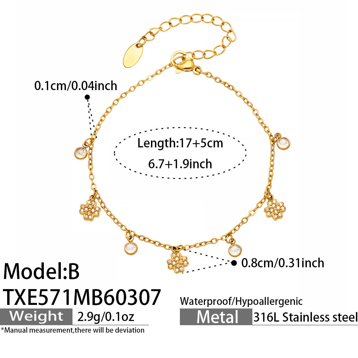B廠【TXE571】歐美小眾五葉花鋯石小鑽DIY多吊墜項鍊手鍊不銹鋼鏈條鍍18k金套裝
 26.03-3