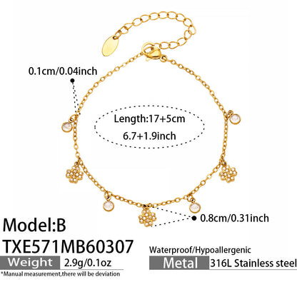 B廠【TXE571】歐美小眾五葉花鋯石小鑽DIY多吊墜項鍊手鍊不銹鋼鏈條鍍18k金套裝
 26.03-3