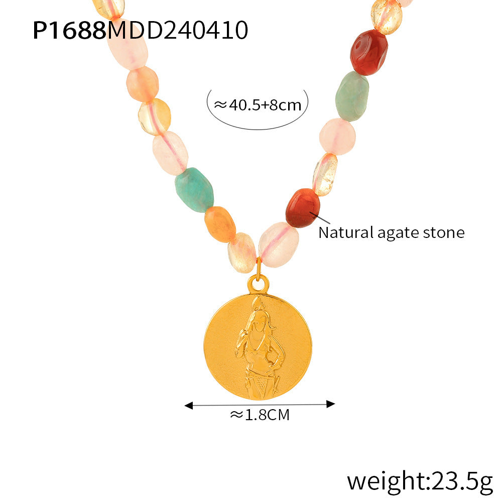 B廠【P1688】天然石瑪瑙手工串珠項鍊輕奢百搭鈦鋼圓形吊墜配件簡約時尚頸鍊女 24.04-3