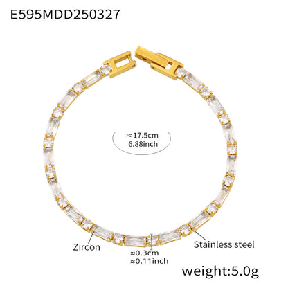 B廠【E595】歐美長方形拼色鋯石爪鍊手鍊不鏽鋼PVD鍍18K金百搭手飾 25.04-1