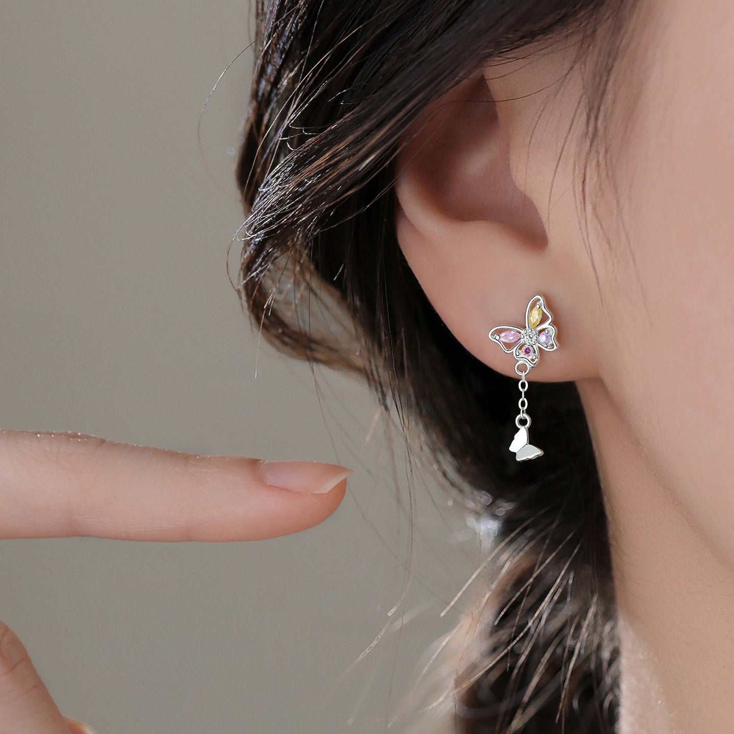 E廠【XDQ10251E】S999純銀時尚夢幻蝴蝶耳環女多巴胺紫色蝴蝶流蘇高級感耳飾品
 26.01-1