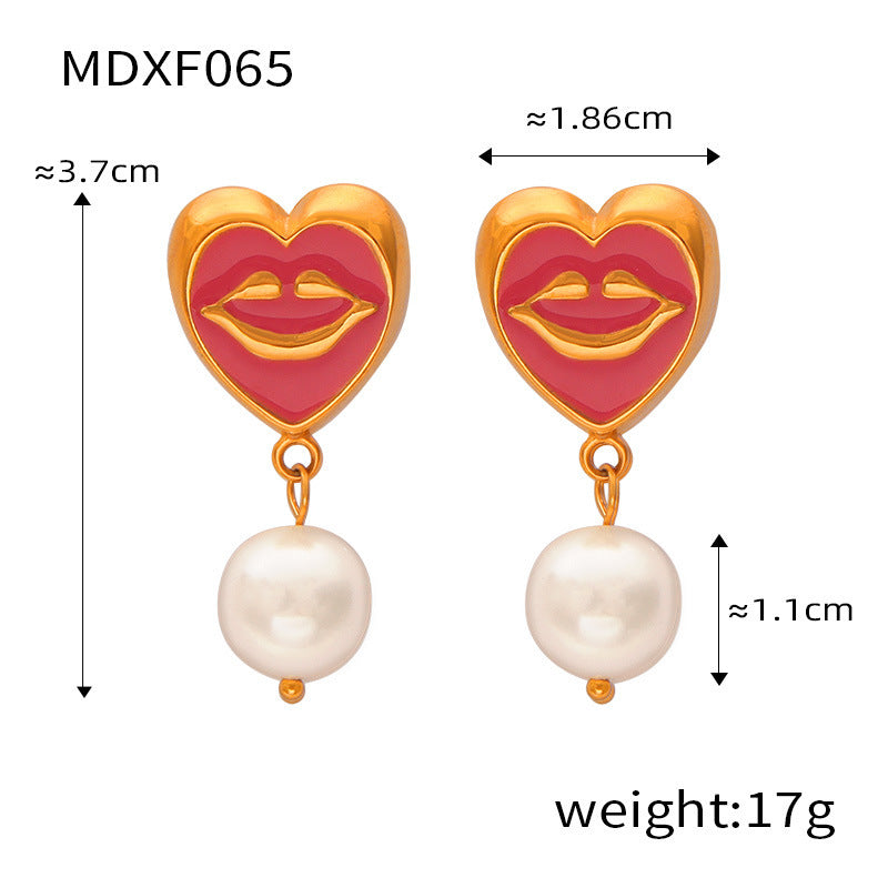 B廠【F065】日韓新款可愛甜美卡通時尚鈦鋼鍍金琺瑯滴油幾何貝珠吊墜笑臉耳環 24.03-3