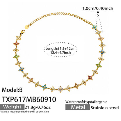 B廠【TXP617】跨境時尚四瓣花鋯石鈦鋼PVD真空電鍍小眾高級鎖骨鏈耳環手鍊組合
 26.09-3