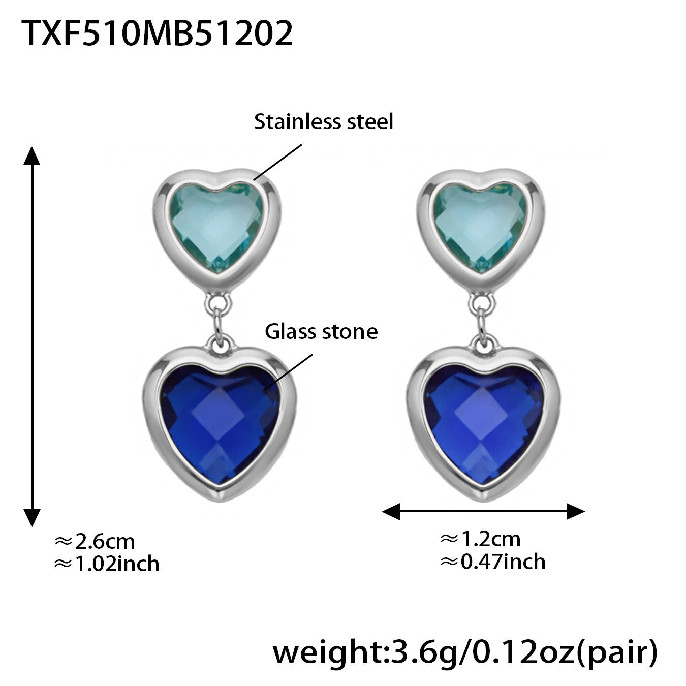 B廠【TXP510】不鏽鋼愛心切麵包邊玻璃石鋼珠項鍊手鍊耳環組鍍18k真金不掉色
 25.12-2