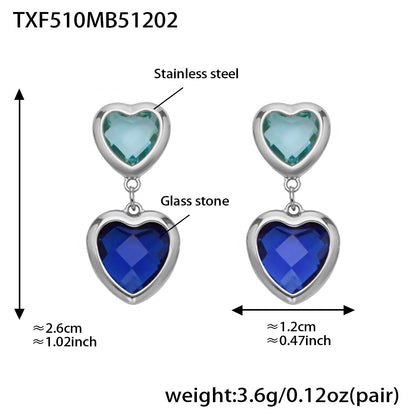 B廠【TXP510】不鏽鋼愛心切麵包邊玻璃石鋼珠項鍊手鍊耳環組鍍18k真金不掉色
 25.12-2