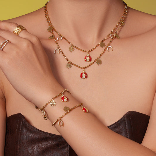 B廠【TXP479】不銹鋼5A鋯石滴油七星瓢蟲多配件吊墜項鍊手鍊耳環腳鍊套裝
 25.11-3