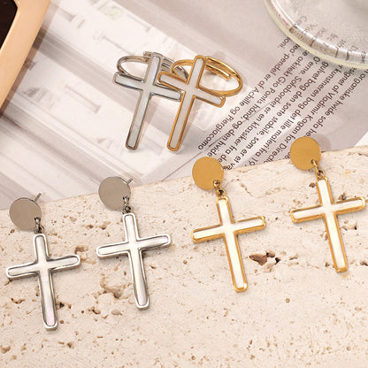 B廠【TXA365】天然貝殼十字架開口戒指耳環吊墜首飾套裝不銹鋼鍍18k真金
 25.08-5