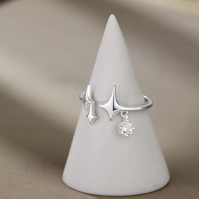 E廠【XDQ8444R】S925純銀韓版簡約四芒星戒指女時尚ins星星鋯石流蘇開口指環
 25.12-1