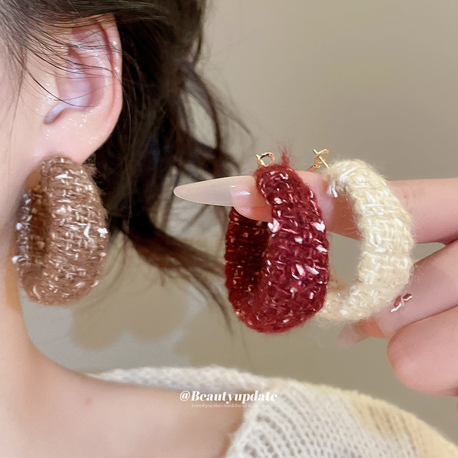 A廠【HE28919】925銀針韓系毛線編織圓形耳圈秋冬款時尚氣質耳環小眾設計感耳飾
 25.10-3