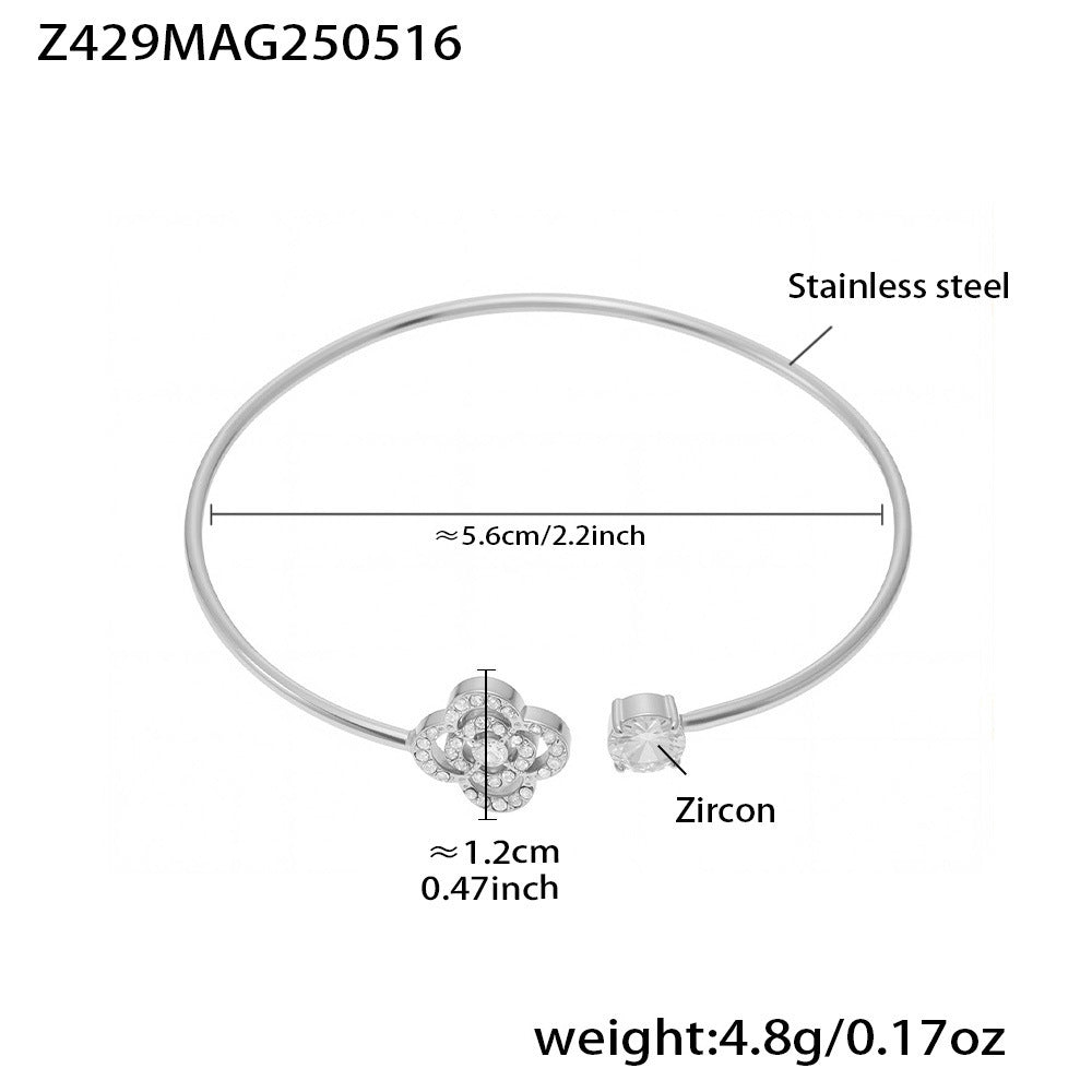 B廠【Z426】歐美INS風5A鋯石花朵帶鑽孔開口手鐲組合不鏽鋼鍍18k真金手鐲子 25.05-4