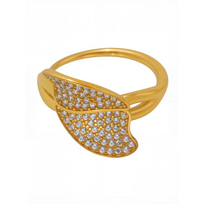 B廠【A724】新款飾品不鏽鋼葉子造型5A鋯石超閃滿鑽側開口戒指鍍18k金 25.05-1