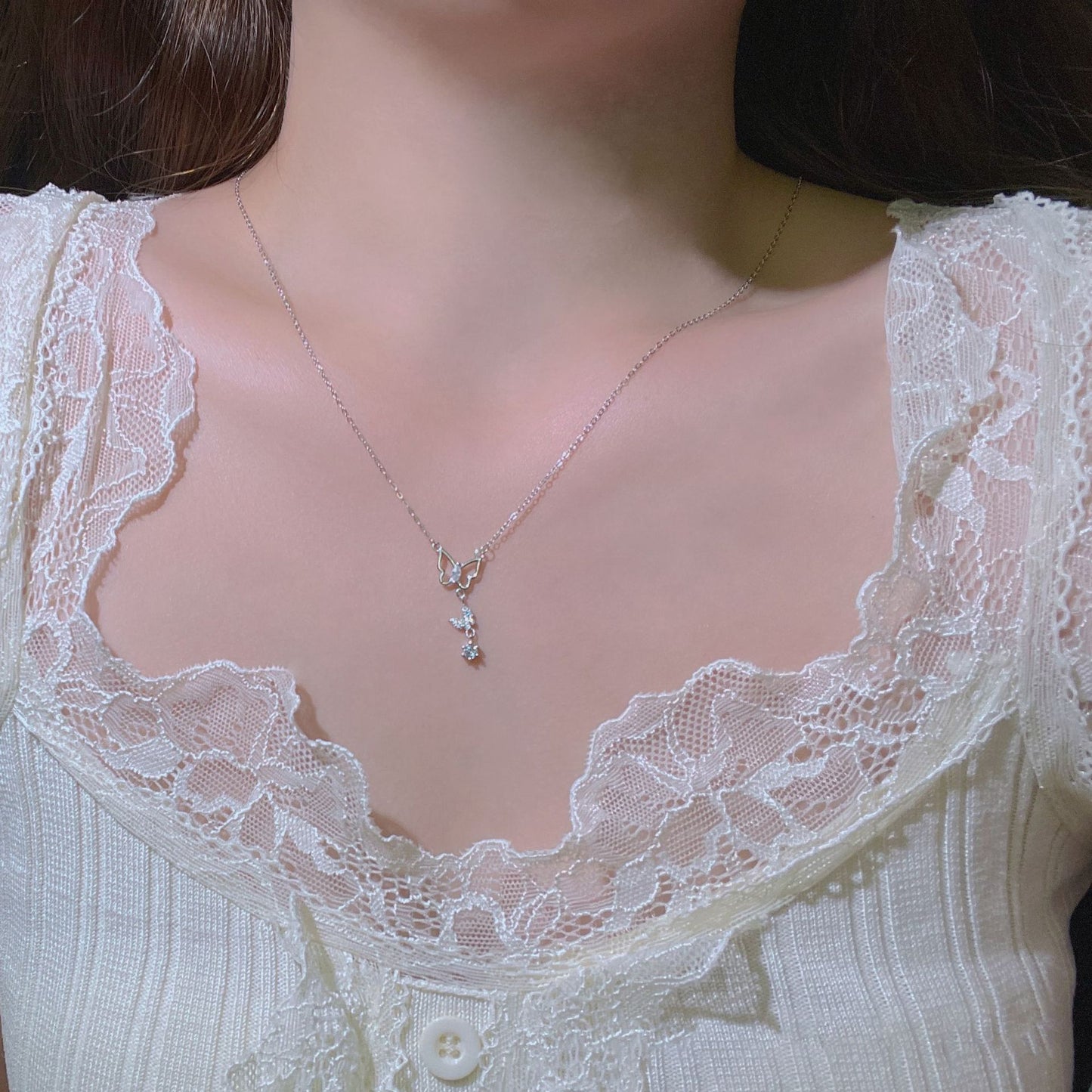 F廠【DQ0621N】S999純銀氣質甜蝴蝶流蘇項鍊女輕奢小眾鑲鋯石精緻鎖骨鏈潮
 25.09-3
