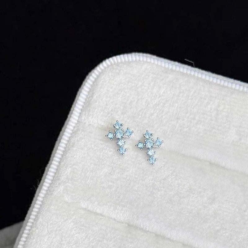 F廠【DQ10009E】S925純銀小清新藍色十字架耳環女小眾設計淺藍鋯石耳骨釘耳飾
 25.09-1