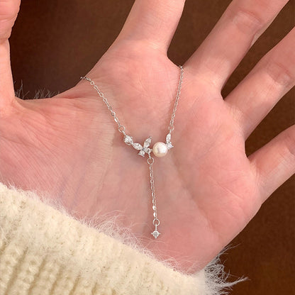 E廠【XDQ0675N】S999純銀韓版時尚天然淡水珍珠蝴蝶項鍊女精緻流蘇鎖骨鍊ins
 26.03-1