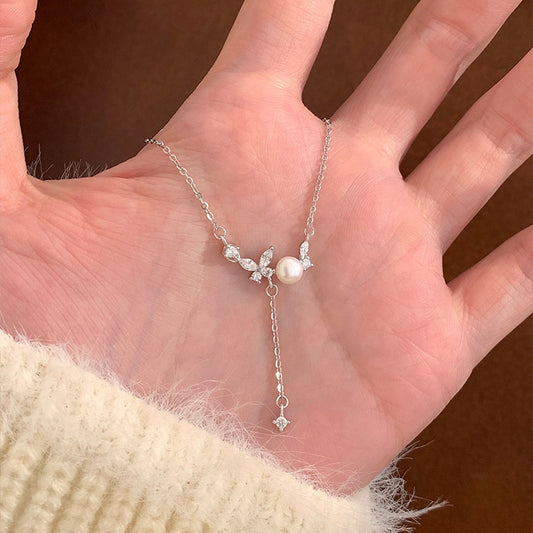 E廠【XDQ0675N】S999純銀韓版時尚天然淡水珍珠蝴蝶項鍊女精緻流蘇鎖骨鍊ins
 26.03-1