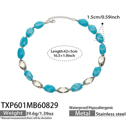 B廠【TXP601】歐美高級感小眾不鏽鋼鍍18k金樹脂橢圓串珠項鍊手鍊飾品首飾套裝
 26.09-1