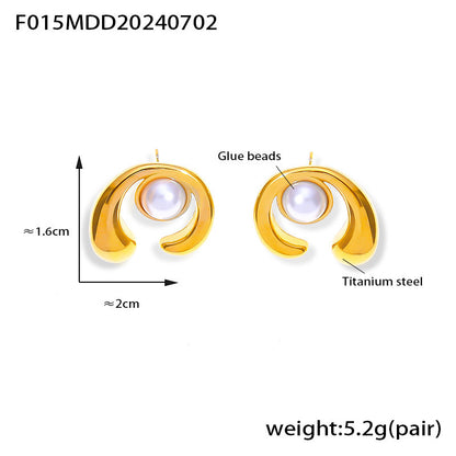 B廠【F015】歐美跨國新款幾何不規則C形鑲貝珠耳環鈦鋼鍍18k真金簡約耳飾 24.07-2