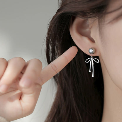 E廠【DQ11276E】S925純銀法式輕奢正圓灰珍珠耳環清冷感蝴蝶結耳環後掛式耳環
 25.09-4