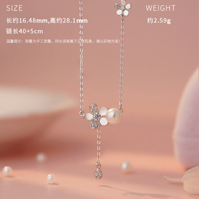 E廠【YC3078N】原創S999足銀花影珠光套裝清新獨特設計流蘇文藝鎖骨鏈 25.04-2