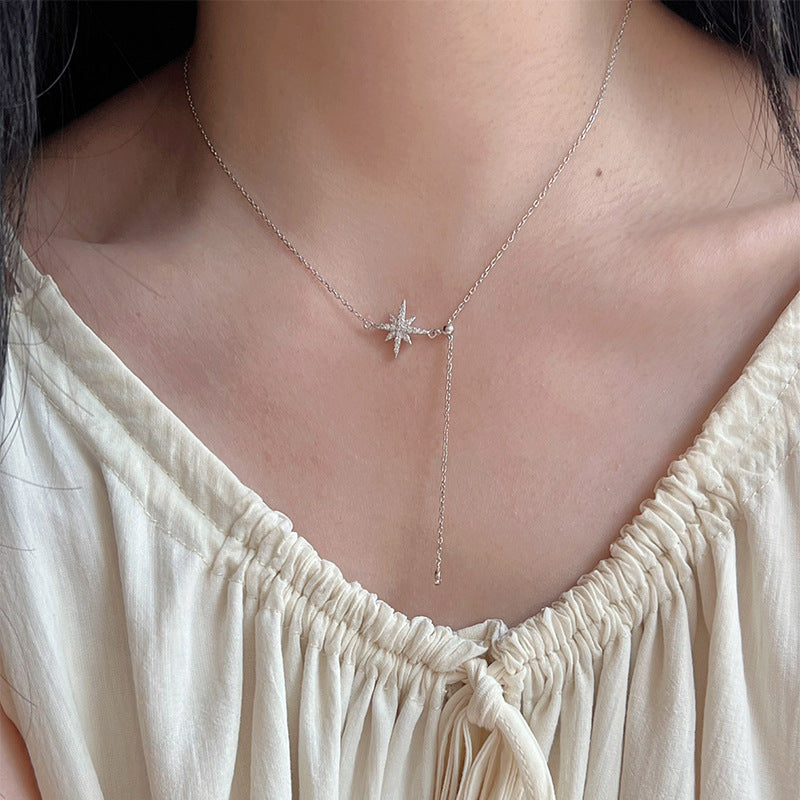 F廠【DQ0050N】S925純銀精緻八芒星項鍊女小眾設計高級感鋯石流蘇鎖骨鍊頸鍊
 25.09-1