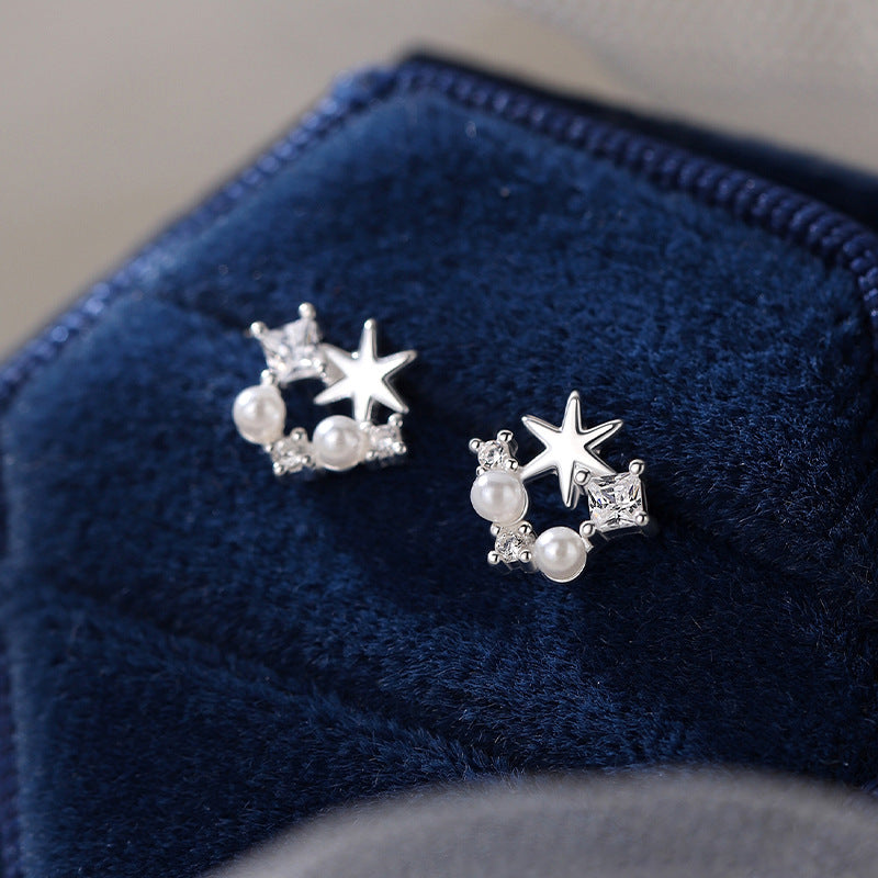 F廠【XDQ11348E】S999純銀簡約氣質六芒星耳環女甜美精緻仿珍珠高級感百搭耳飾
 25.11-2