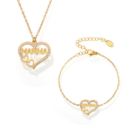 B廠【TXP218】歐美Mama愛心鋯石字母鎖骨項鍊手鍊鈦鋼PVD電鍍18K真金套裝 25.01-2
