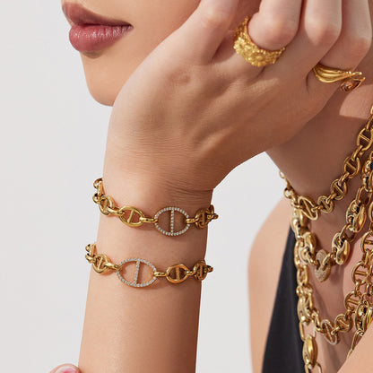 B廠【TXP532】歐美ins冷淡風豬鼻子鑲嵌鋯石項鍊手鍊耳環首飾組不銹鋼鍍18k金
 26.01-2