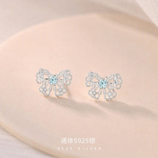 D廠【YC6981E】純銀S925公主蝴蝶結鋯石耳環女溫柔唯美甜美小眾氛圍感耳飾電鍍
 26.09-2