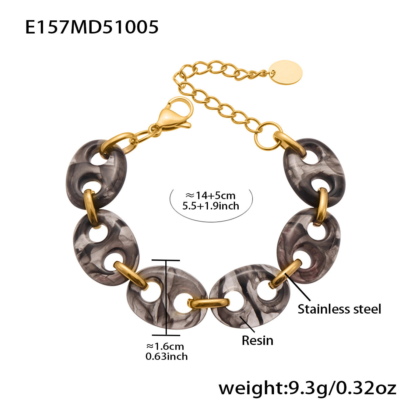 B廠【E157】不鏽鋼樹脂豬鼻子手鍊鍍18k金琥珀色百搭歐美輕奢鍊飾首飾
 25.10-3