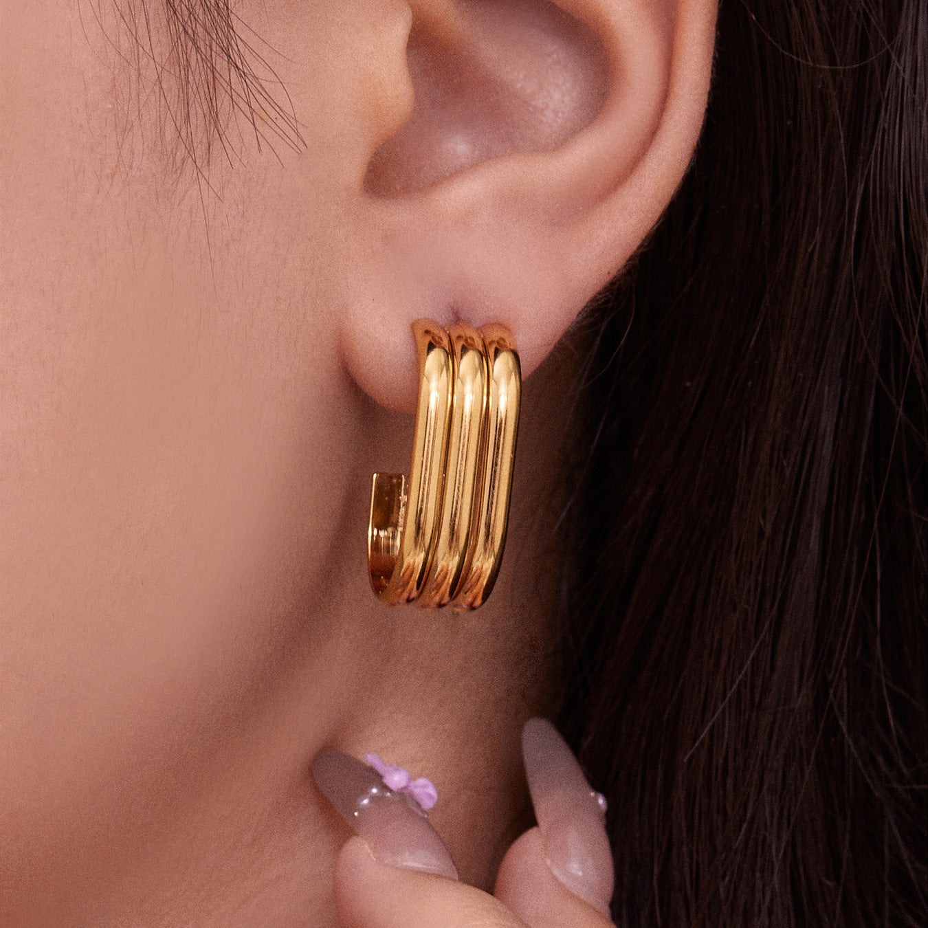 B廠【F753】ins風小眾設計三層愛心耳環不鏽鋼18k鍍金耳環不掉色耳飾
 25.11-1