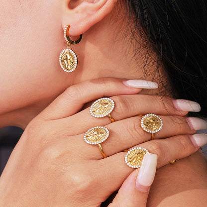 B廠【TXF325】超閃5A鋯石圓牌耶穌滿鑽設計耳環戒指組不鏽鋼18k鍍真金 25.08-2