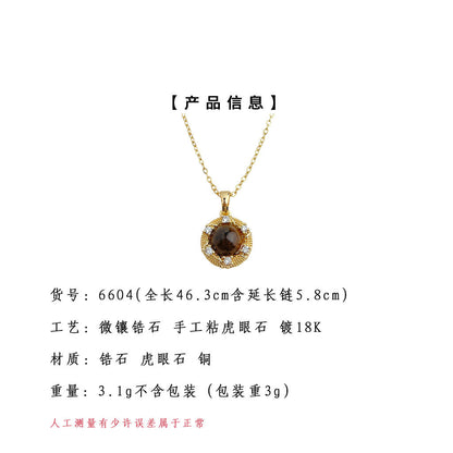 A廠【6604】厚鍍18K真金強保色微鑲鋯石時尚文藝復古天然石虎眼石項鍊 鎖骨鏈
 25.08-5