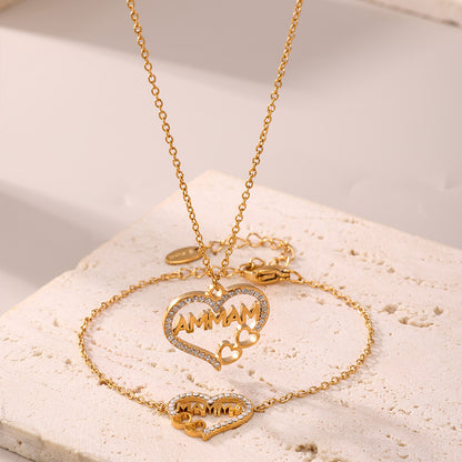 B廠【TXP218】歐美Mama愛心鋯石字母鎖骨項鍊手鍊鈦鋼PVD電鍍18K真金套裝 25.01-2
