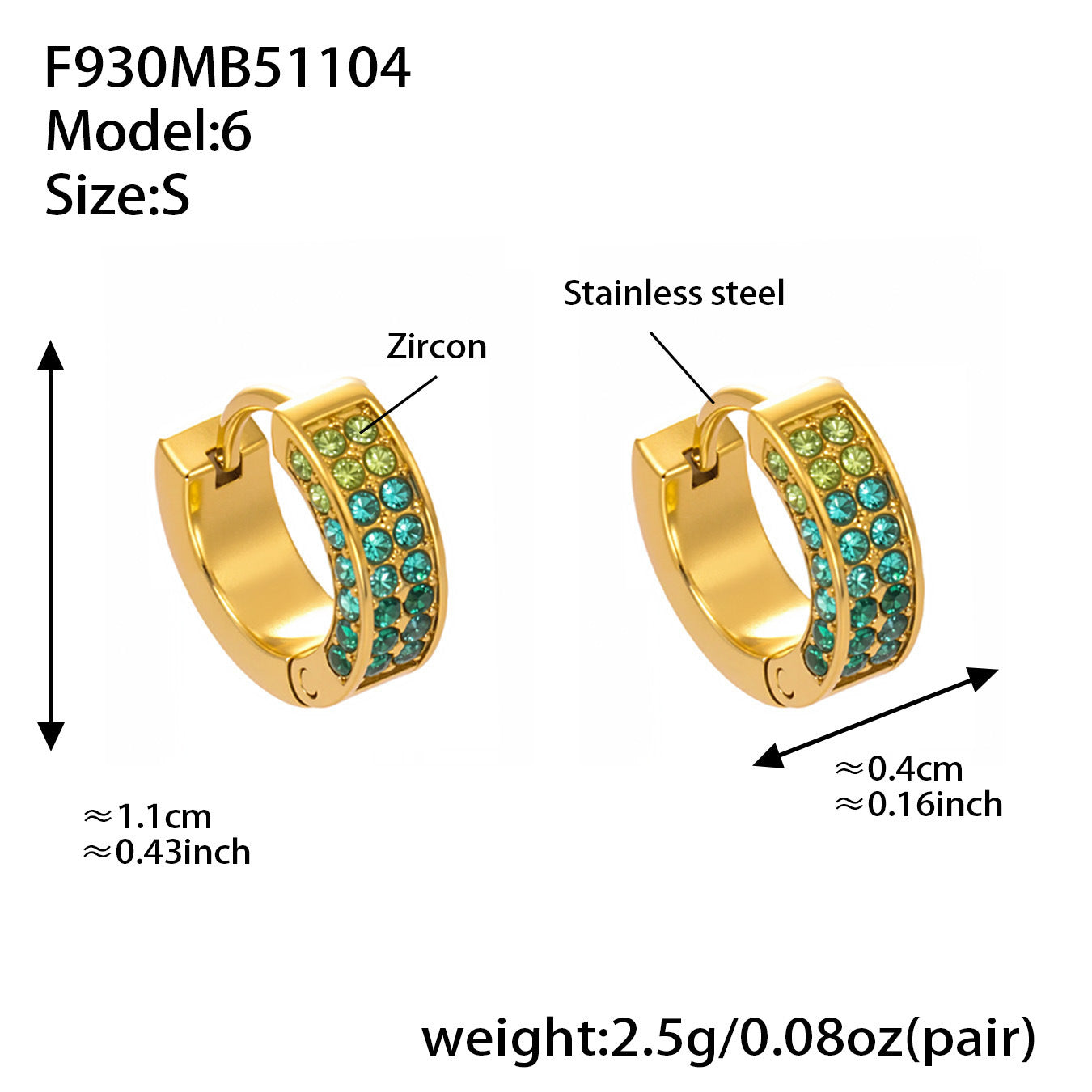 B廠【F930】ins風高品質彩色5A鋯石圓圈卡扣耳環不鏽鋼鍍18k真金耳飾女
 25.11-2