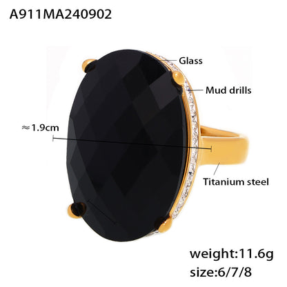 B廠【A911】跨國歐美橢圓黏鑽大玻璃戒指鈦鋼鍍18K真金指環復古輕奢感手飾品 24.09-2