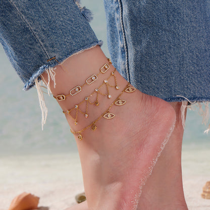 B廠【S030】ins小眾鏈條流蘇鋯石腳鍊歐美跨境新品雙層不鏽鋼鏈條飾品
 25.09-1