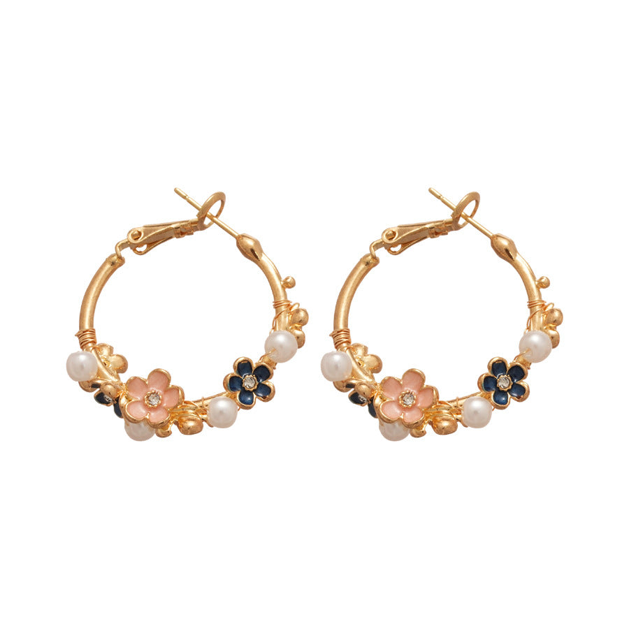 A廠【HE29162】925銀針滴油花朵圓形珍珠耳圈復古精緻優雅氣質耳環輕奢高級感女
 25.11-1