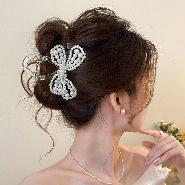 C廠【G38】珍珠蝴蝶結抓夾女高級感2026新款後腦勺髮夾盤髮半紮髮鯊魚夾髮飾
 26.04-3