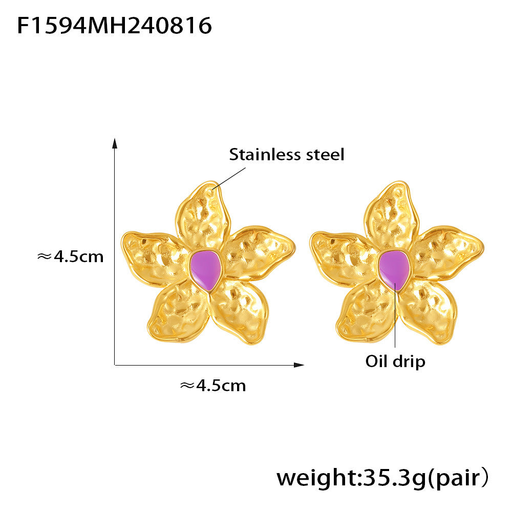 B廠【F1594】歐美風金色岩溶花朵耳環誇張復古設計18K鍍真金不銹鋼滴油耳環女 24.08-4