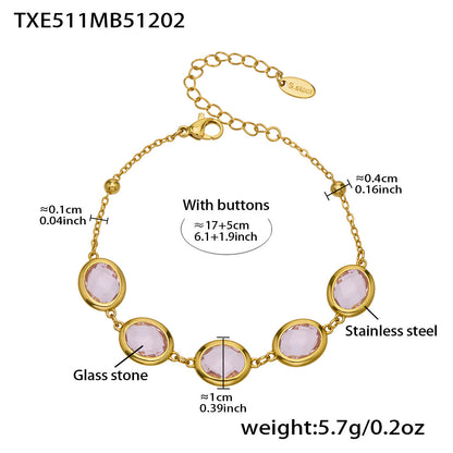 B廠【TXP511】不鏽鋼幾何橢圓切面玻璃石包邊項鍊手鍊耳環組鍍18k金跨國首飾
 25.12-2
