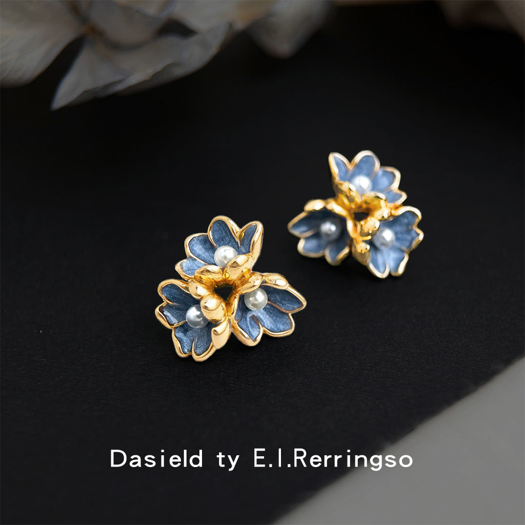 A廠【7348】藍色鳶尾花原創設計師款925銀針琺瑯滴釉花朵耳飾 新款小眾耳環女
 26.01-3