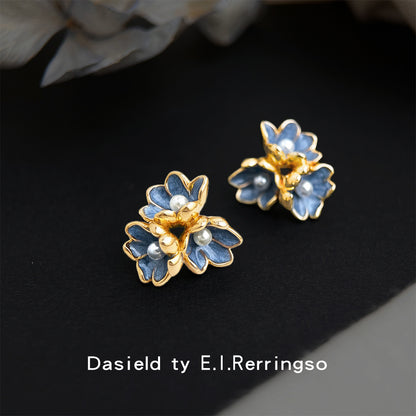 A廠【7348】藍色鳶尾花原創設計師款925銀針琺瑯滴釉花朵耳飾 新款小眾耳環女
 26.01-3